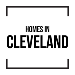 Black and white graphic with black box border and "Homes in Cleveland" written in Black