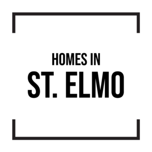 Black and White graphic with white background "Homes in St. Elmo" in Black and outline in black a box around the copy