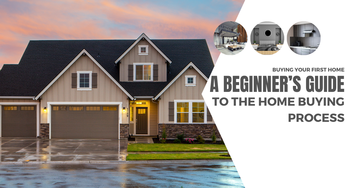 Image of a 2 Story home with brown siding at sunset. Three round circles in the upper right hand corner include images of a living room with loft, bedroom, and kitchen. Under neath the copy reads 'Buying Your First Home: A Beginner's Guide to the Home Buying Process"