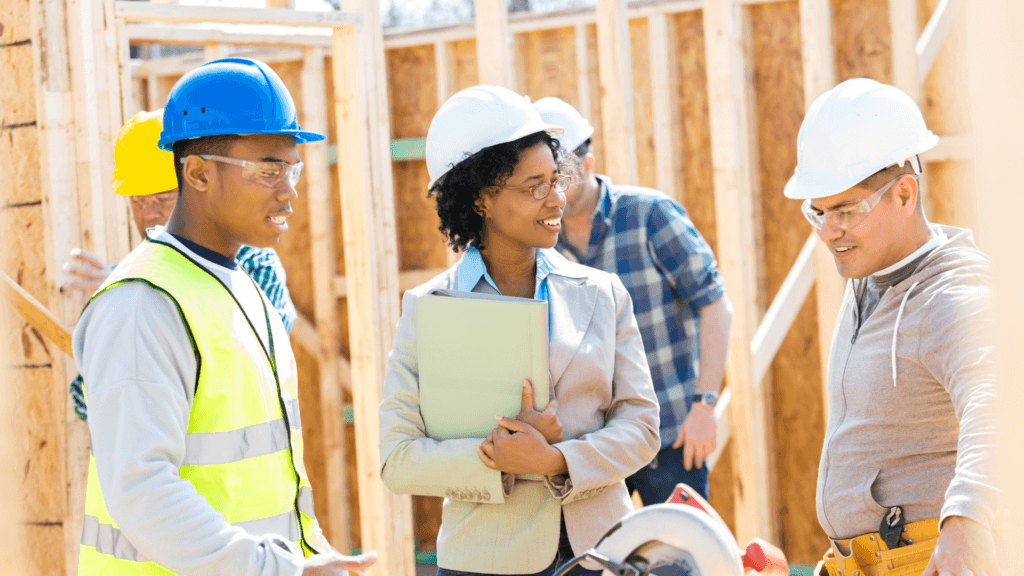 New Construction homes realtor talking to construction workers