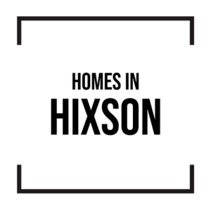 Black and white graphic with black box outline that says "Homes in Hixson"