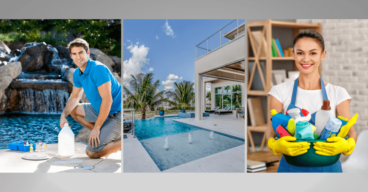 Image of the 3 luxury home services. From left to right, Pool Service, Landscaping, House cleaning