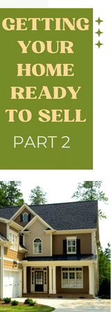 Image with top half the side in green and writing saying "Selling Your Home Part 2" the bottom is a traditional 2 story home with earth tones of brown, tan, and black.
