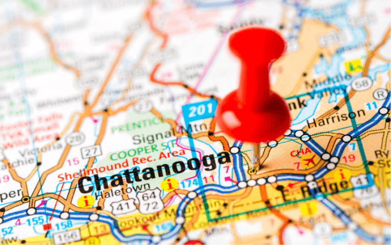 Red Push Pin at Chattanooga on a map for the header for Why People are moving to Chattanooga, TN