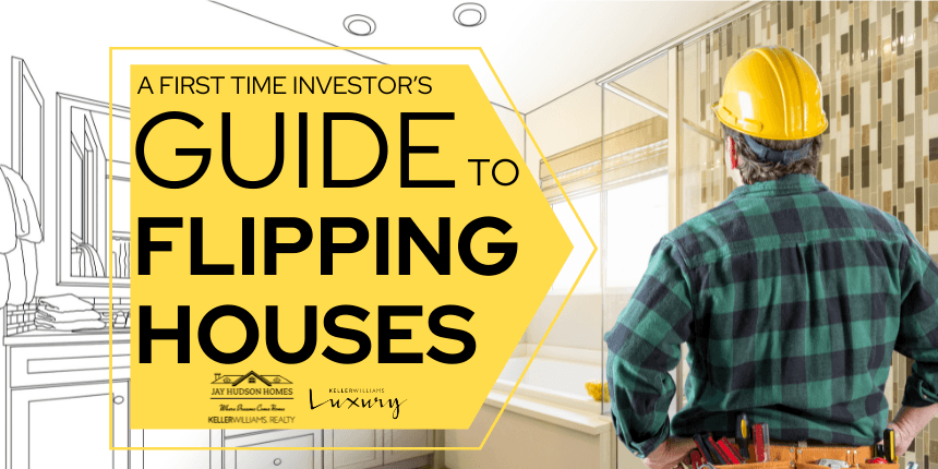 Header with A First Time Investor's Guide to Flipping Houses in yellow arrow with man in yellow hat inside a house.