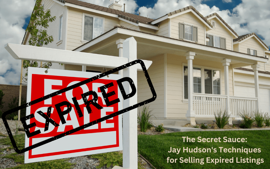 Header image for the secret sauce for selling expired listings. Two story cream home with for sale sign crossed out with expired across it.