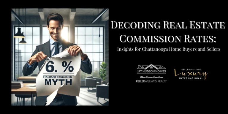 Header for the article on real estate commission rates and myths black background with image of man in suite tearing a piece of paper with 6 % commission