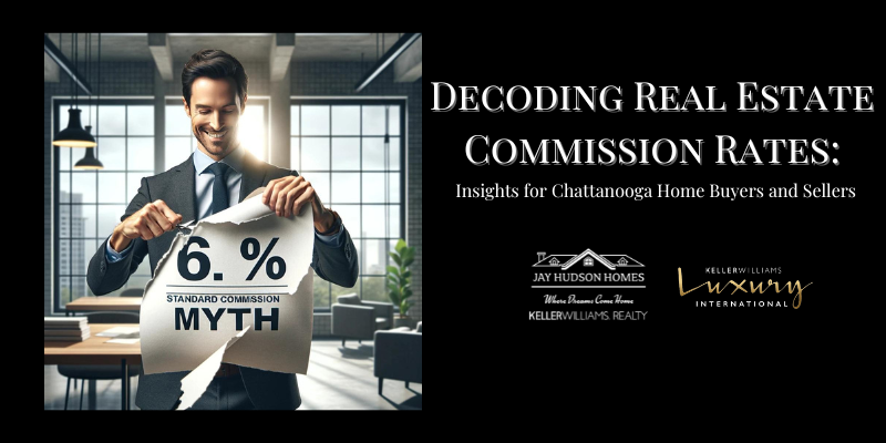 Header for the article on real estate commission rates and myths black background with image of man in suite tearing a piece of paper with 6 % commission