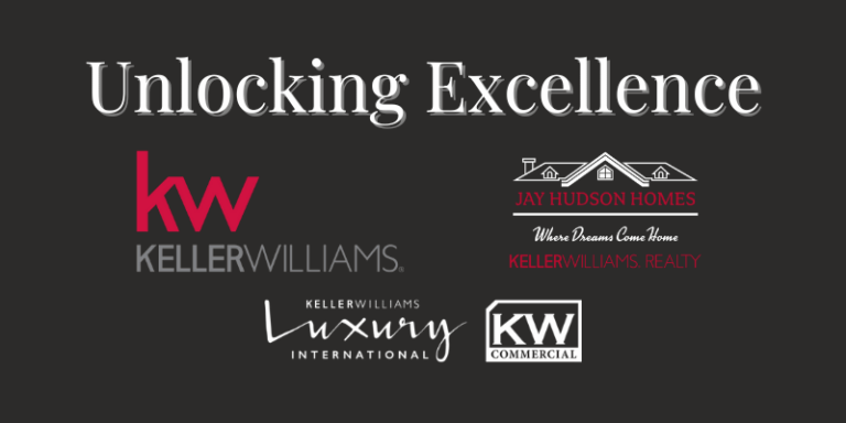 Header Image for Unlock Chattanooga Real Estate Excellence with Jay Hudson Homes & Chattanooga Keller Williams Realty. Black background with KW logo, Jay Hudson Homes logo KW Commercial and Luxury logo