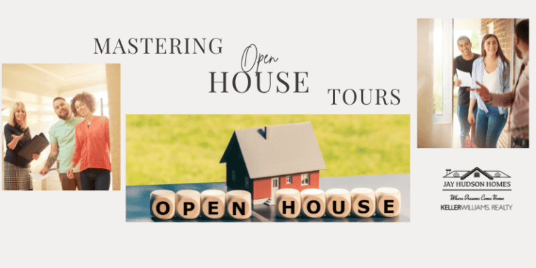 Header for the article Mastering Open House Tours with two pictures of couples walking in a home and in the middle a house with block letters in front spelling out Open House