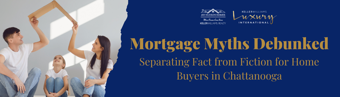 Header image for Mortgage Myths Debunked navy blue back ground with gold writing and picture of young family holding cardboard over their head