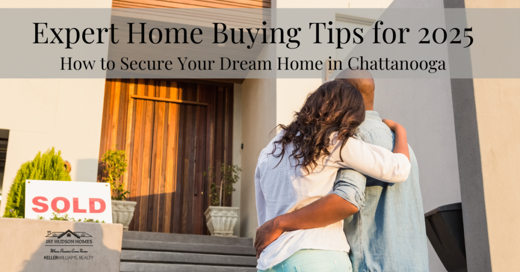 Header Graphic for Home Buying Tips for 2025 Article, picture of a couple side hugging from the back infront of a front door and sold sign.