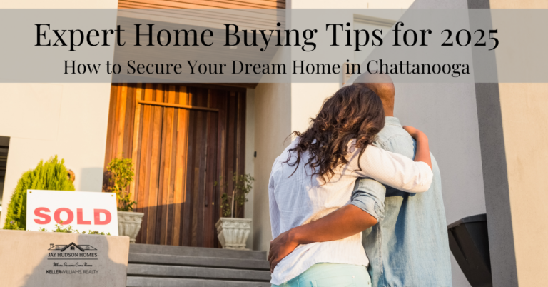 Header Graphic for Home Buying Tips for 2025 Article, picture of a couple side hugging from the back infront of a front door and sold sign.