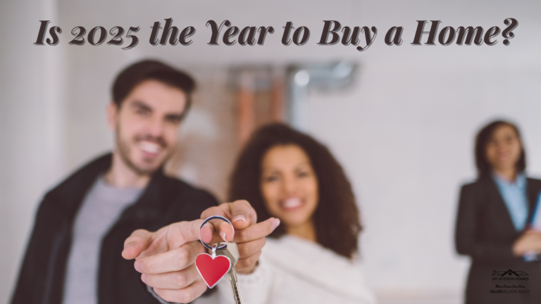 Picture of young couple holding out house keys with a realtor in the background. with the words "Is 2025 the Year to Buy a Home?" across the top.