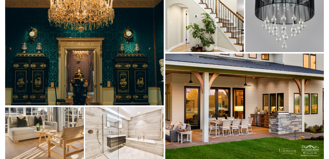 Header Image for A realtor's guide to 2025 home trends. 6 photo collage left to right top row, Green room, arch doorway, and black chandelier. Bottom row, couch and wooden chair, luxury bathroom, and outdoor kitchen.
