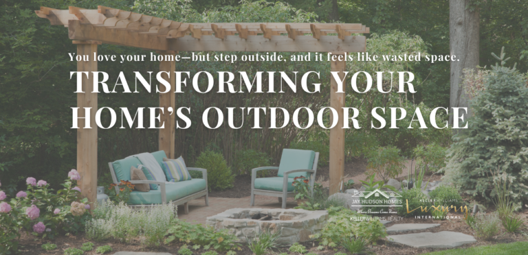 Header and Feature Image for Transforming Your Home's Outdoor Space with a photo of an outdoor pation with brick patio, stone fireplace, pergola and outdoor furniture.