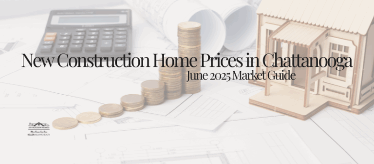Header and feature image photo of a miniture craft home, quarters stacked to showing a rising graph and calculator with "New Construction Home Prices in Chattanooga June 2025 Market Guide.