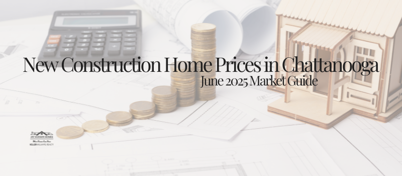 Header and feature image photo of a miniture craft home, quarters stacked to showing a rising graph and calculator with "New Construction Home Prices in Chattanooga June 2025 Market Guide.