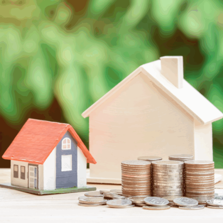 Header image for How Much Is My Home Worth? Why Online Estimates Fall Short — And What to Do Instead it is a small model home 3 x3 inches beside an all wood model home 5x5 inches and 5 stacks of quarters in front.